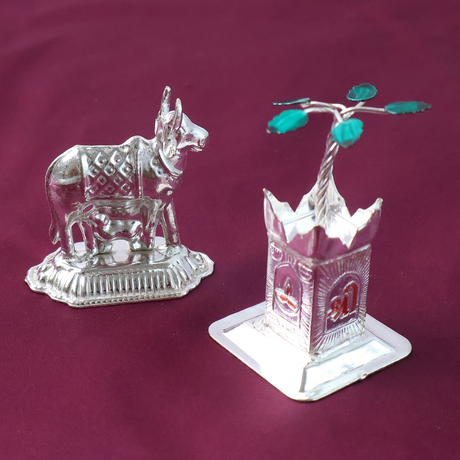 Silver-Plated Kamdhenu Cow & Tulsi Plant Pair – Pooja & Home Décor Silver-Plated Kamdhenu Cow & Tulsi Plant Pair – Pooja & Home Décor